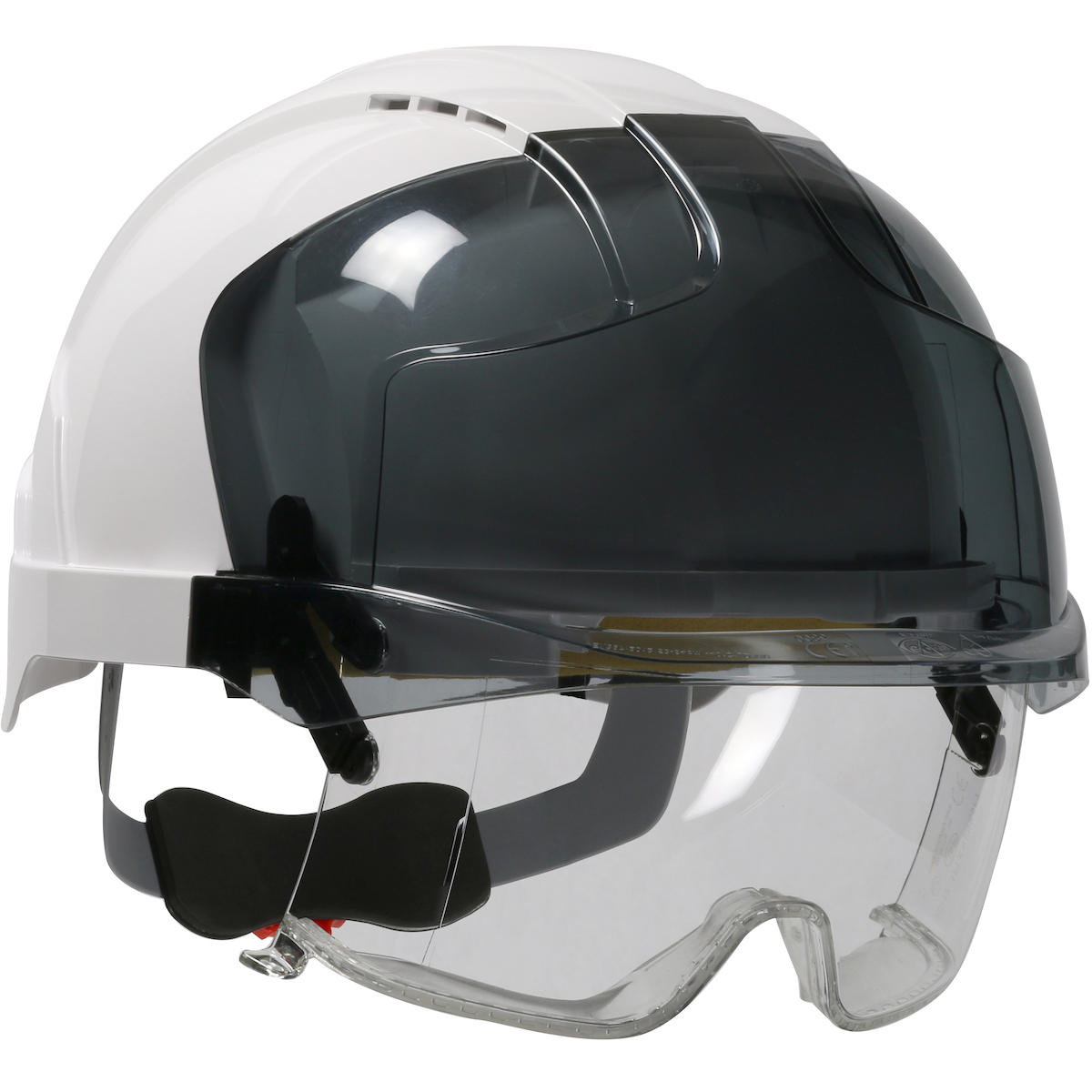 TYPE I, VENTED INDUSTRIAL SAFETY HELMET WITH LIGHTWEIGHT ABS SHELL, INTEGRATED ANSI Z87.1 EYE PROTECTION, 6-POINT POLYESTER SUSPENSION AND WHEEL RATCHET ADJUSTMENT