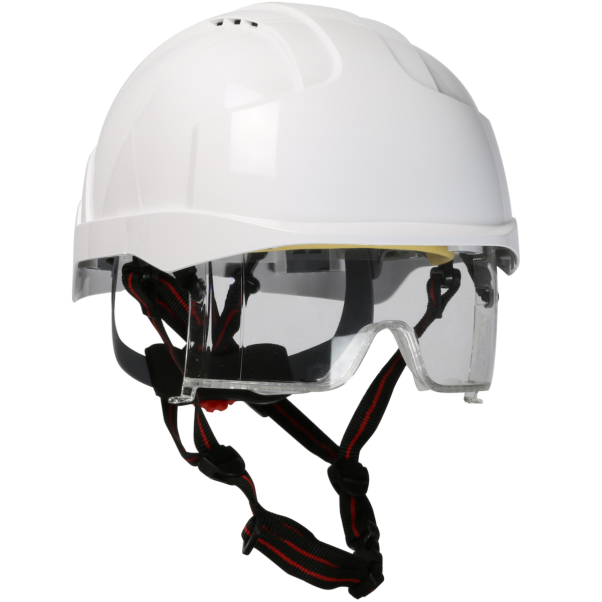 TYPE I, VENTED INDUSTRIAL SAFETY HELMET WITH FULLY ADJUSTABLE FOUR POINT CHINSTRAP, LIGHTWEIGHT ABS SHELL, INTEGRATED ANSI Z87.1 EYE PROTECTION, 6-POINT POLYESTER SUSPENSION AND WHEEL RATCHET ADJUSTMENT