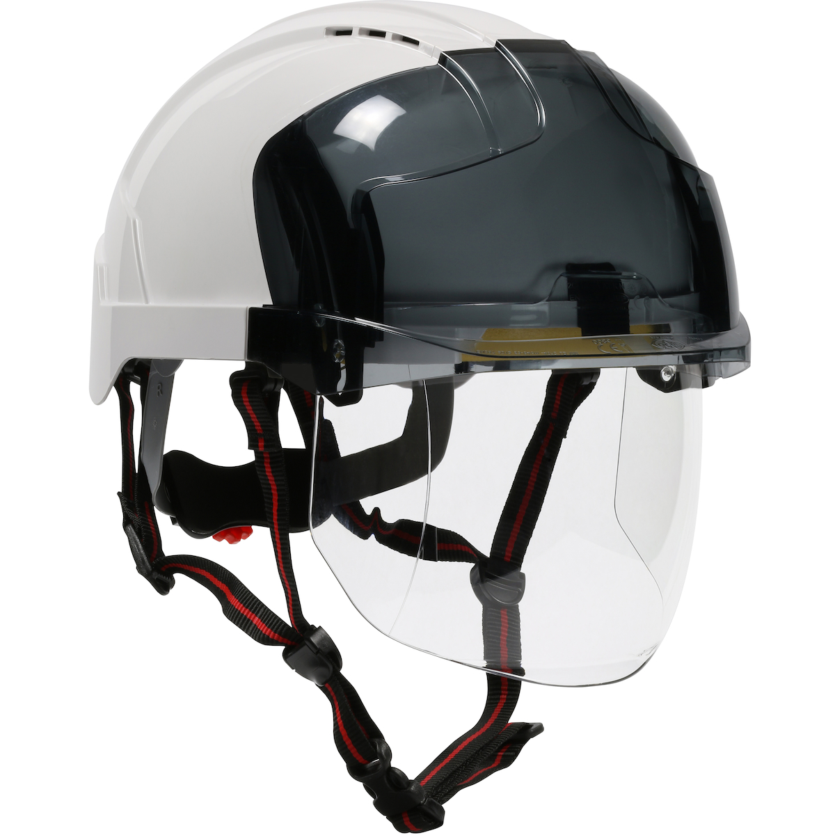TYPE I, VENTED INDUSTRIAL SAFETY HELMET WITH FULLY ADJUSTABLE FOUR POINT CHINSTRAP, LIGHTWEIGHT ABS SHELL, INTEGRATED FACESHIELD, 6-POINT POLYESTER SUSPENSION AND WHEEL RATCHET ADJUSTMENT