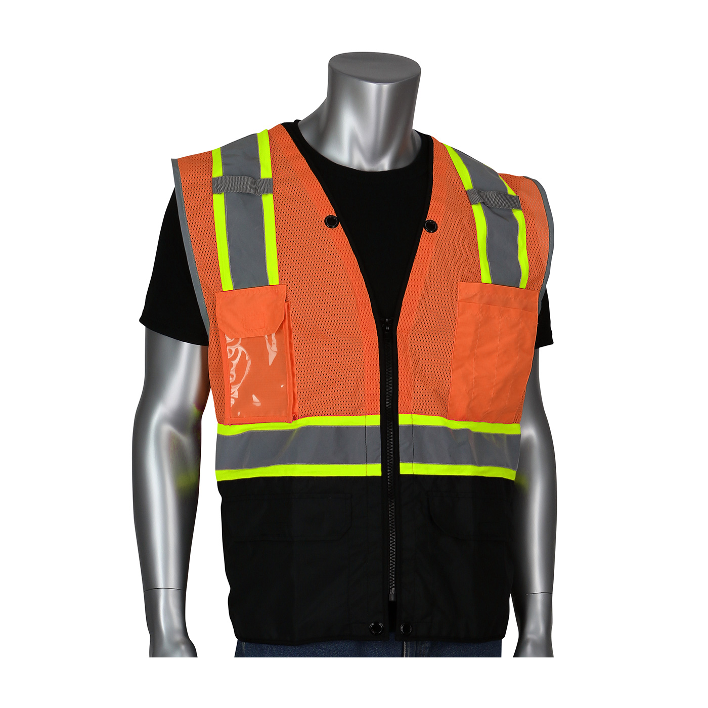 ANSI Type R Class 2 Two-Tone Eleven Pocket Tech-Ready Mesh Surveyors Vest with Ripstop Black Bottom Front and "D" Ring Access 302-0650D-OR/XL, (30)