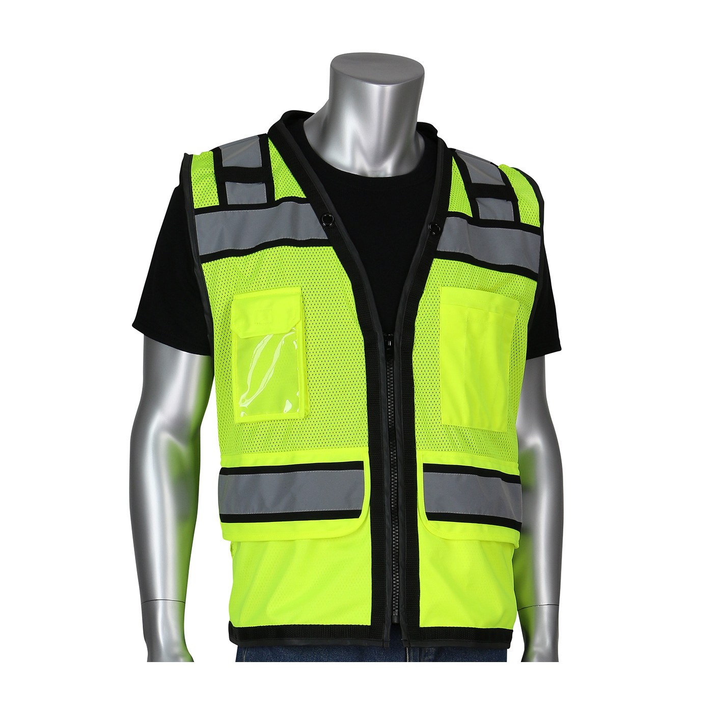 ANSI Type R Class 2 Black Two-Tone Eleven Pocket Tech-Ready Mesh Surveyors Vest with "D" Ring Access 302-0800D-LY/5X, (30)