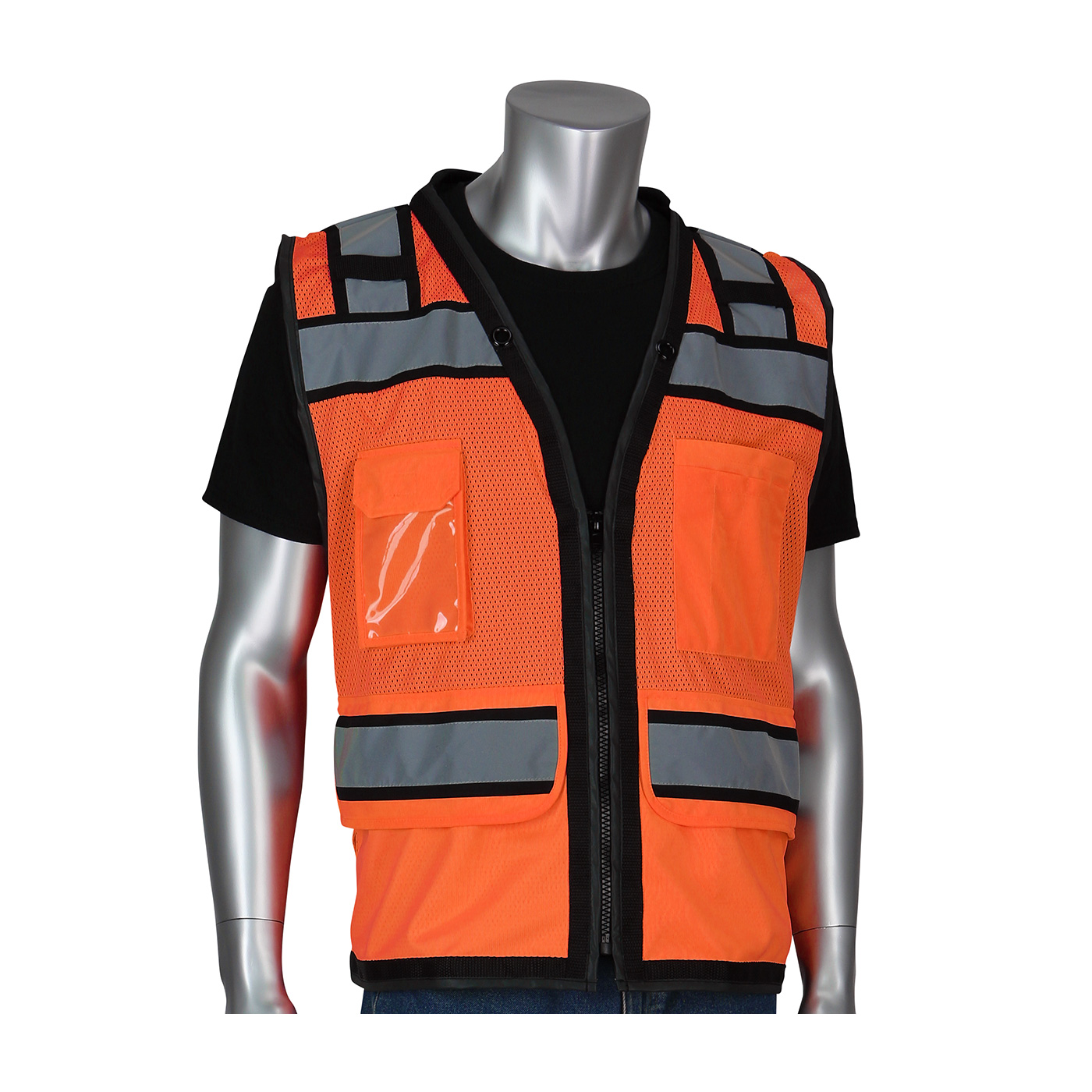 ANSI Type R Class 2 Black Two-Tone Eleven Pocket Tech-Ready Mesh Surveyors Vest with "D" Ring Access 302-0800D-OR/M, (30)